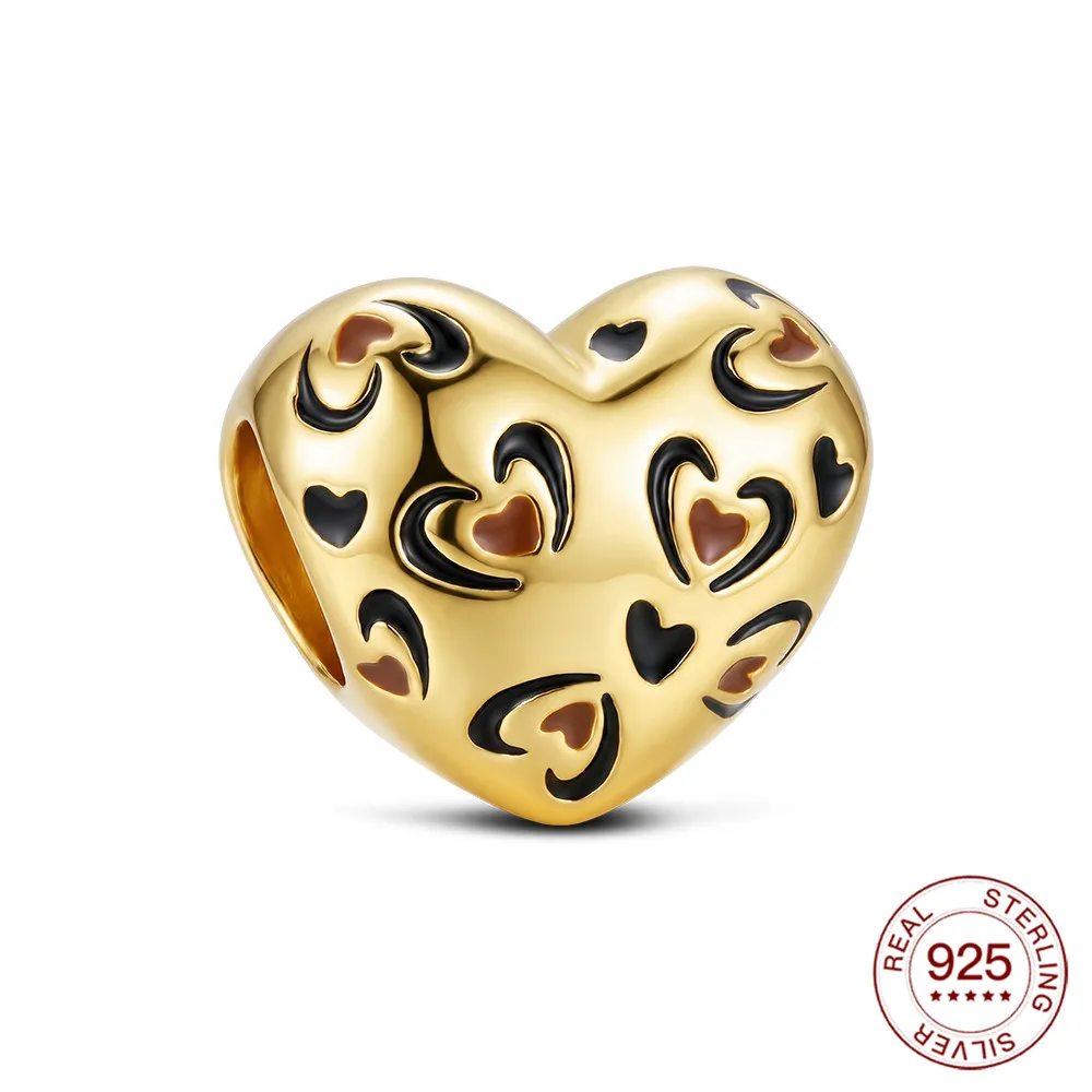 New 925 Sterling Silver Charms Golden Leopard Print Heart Beads Fit Bracelet Women's Diy Jewelry Love Daily Hot Gifts