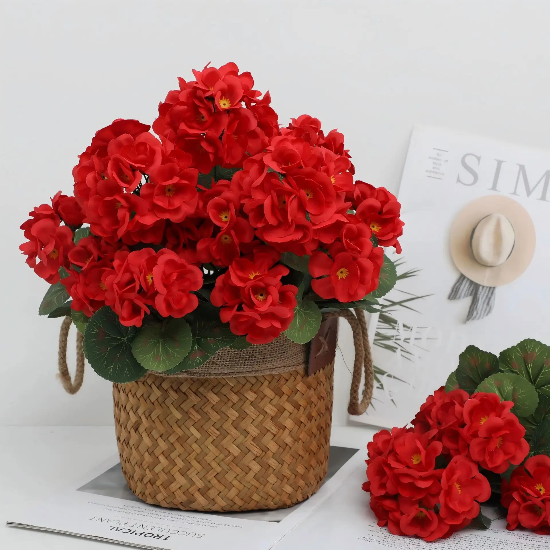 1/3 unidades de flores artificiales, planta de Begonia, ramo de novia para boda, decoración de bonsái para jardín al aire libre, caja de jarrón con corona para Festival DIY