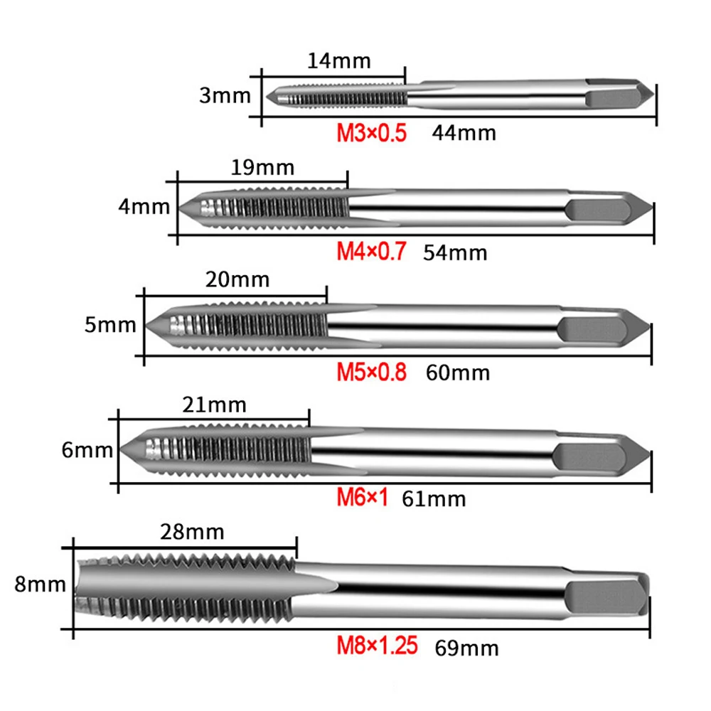 5PCS M3 M4 M5 M6 M8 Hss Machine Screw Thread Metric Plug Tap Screw Taps 3mm 4mm 5mm 6mm 8mm 5PCS/Set Kit Screw Thread Tap Drill