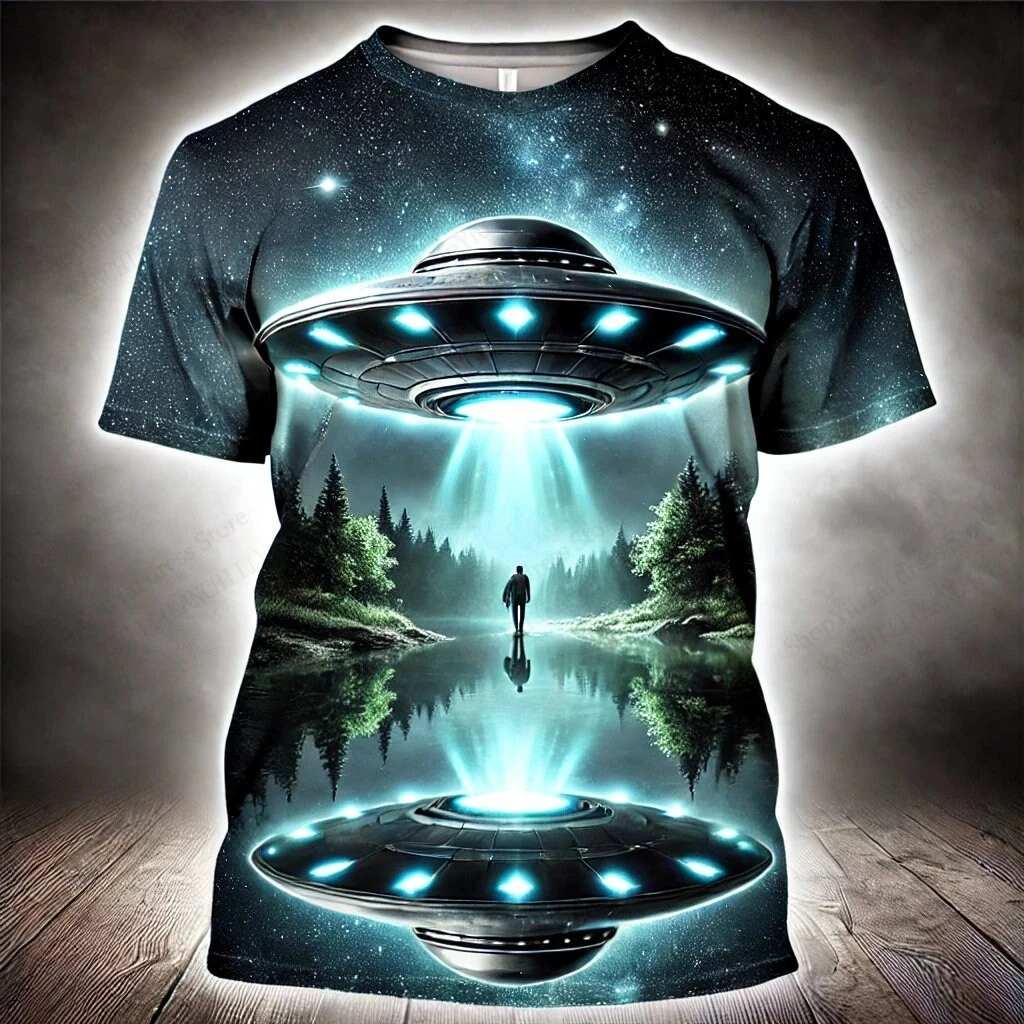 Camiseta con estampado 3d de OVNI alienígena de verano para hombre, camiseta informal a la moda con cuello redondo y manga corta, camisetas divertidas con diseño de nave espacial misteriosa, ropa para hombre