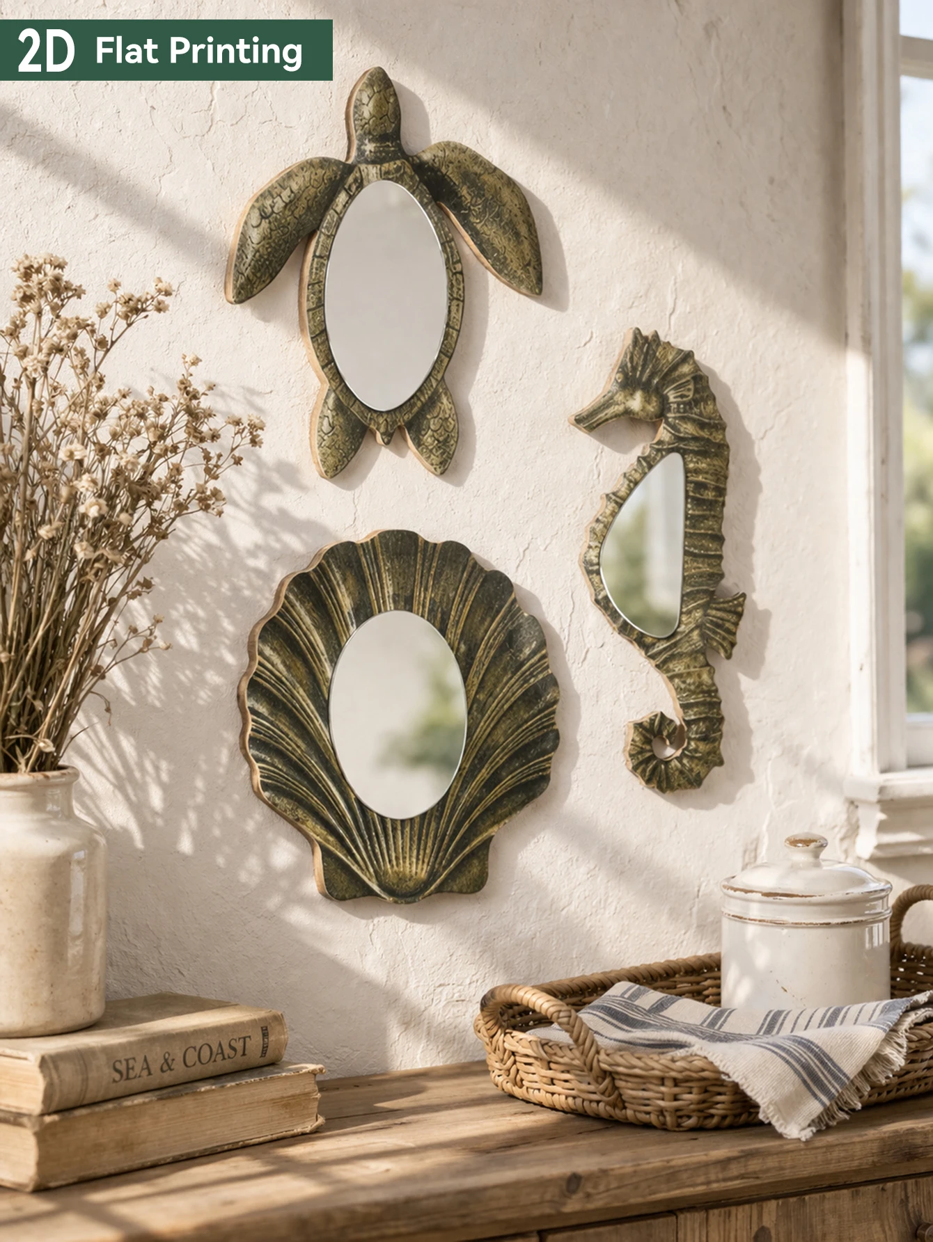 Vintage Sea Turtle Seahorse Shell Wall Mirror, Nautical Coastal Hanging Mirror for Bathroom Living Room Bedroom Beach Home Decor