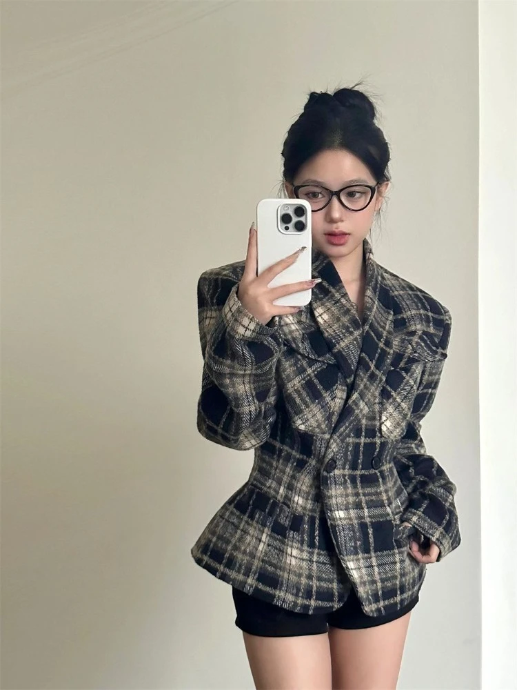 

Elegant Vinytage Plaid Notched Collar Coat Women Autumn Winter Loose All-match Jackets Y2k Slim Waist Long Sleeve Tops Mujer