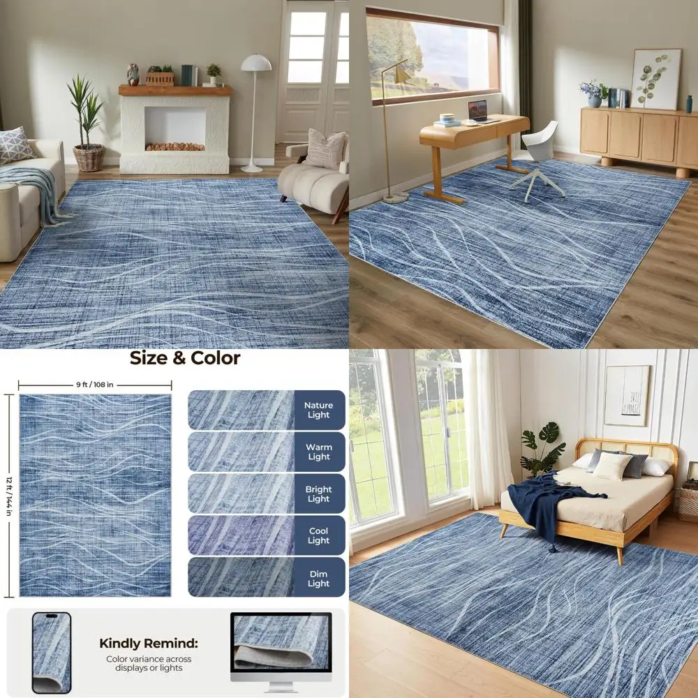 Washable Boho Style 9x12 Area Rug: Soft, Non-Slip, Low Pile, Stain Resistant, Foldable Carpet for Living Spaces and Playrooms