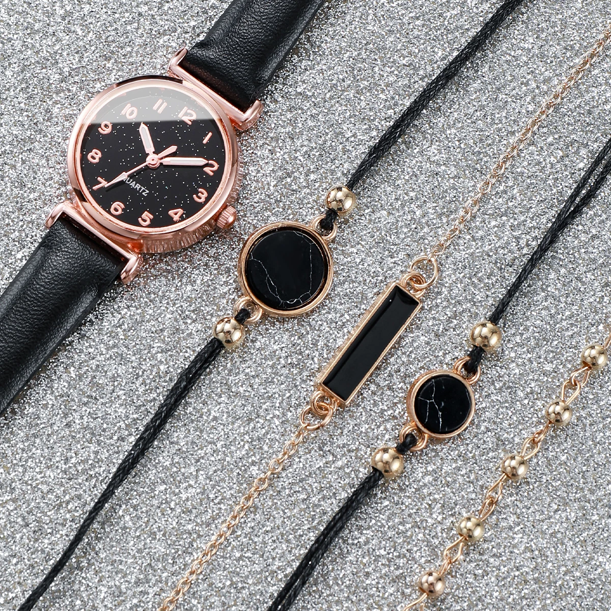 5PCS/Set Women's Watch Fashion Starry Sky Dial Leather Band Quartz Watches Turquoise Bracelets Set image 3