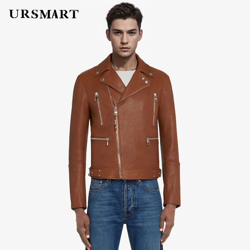 

High quality brown leather motorcycle suit British handsome sheepskin jacket men's autumn new product leather jacket men's