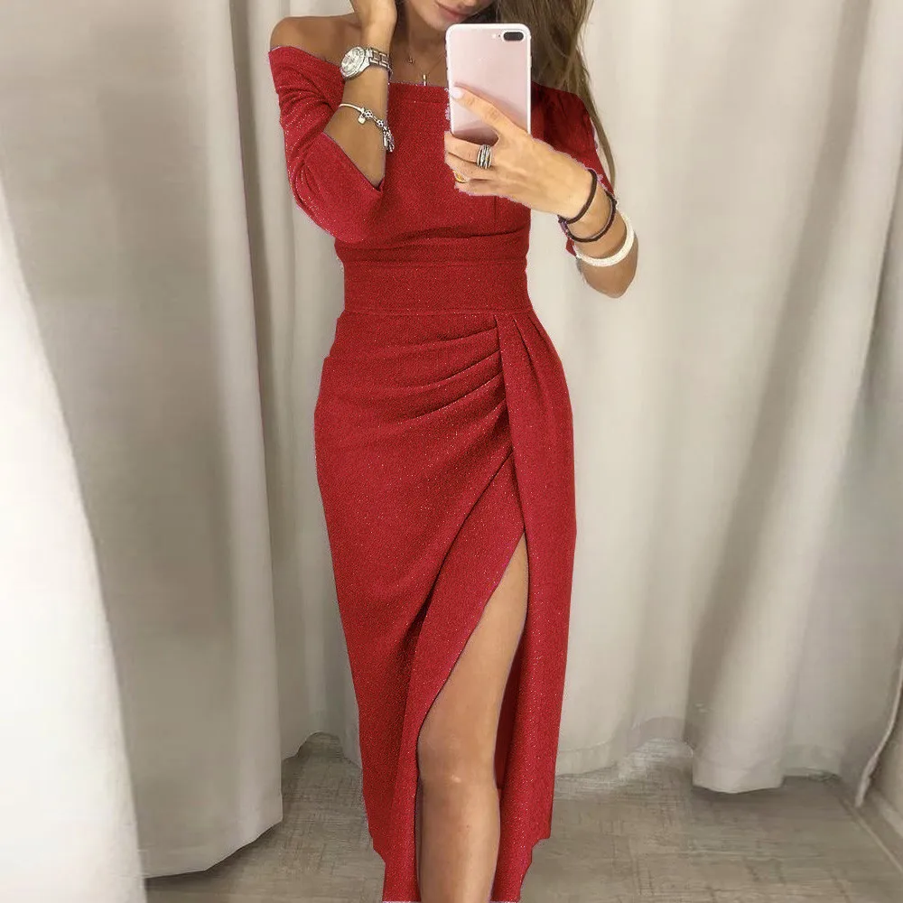 2024 New Women's Dresses Off Shoulder Long Sleeve Sequin Bodycon Evening Long Dress Asymmetr Side Split Pencil Party Dresses