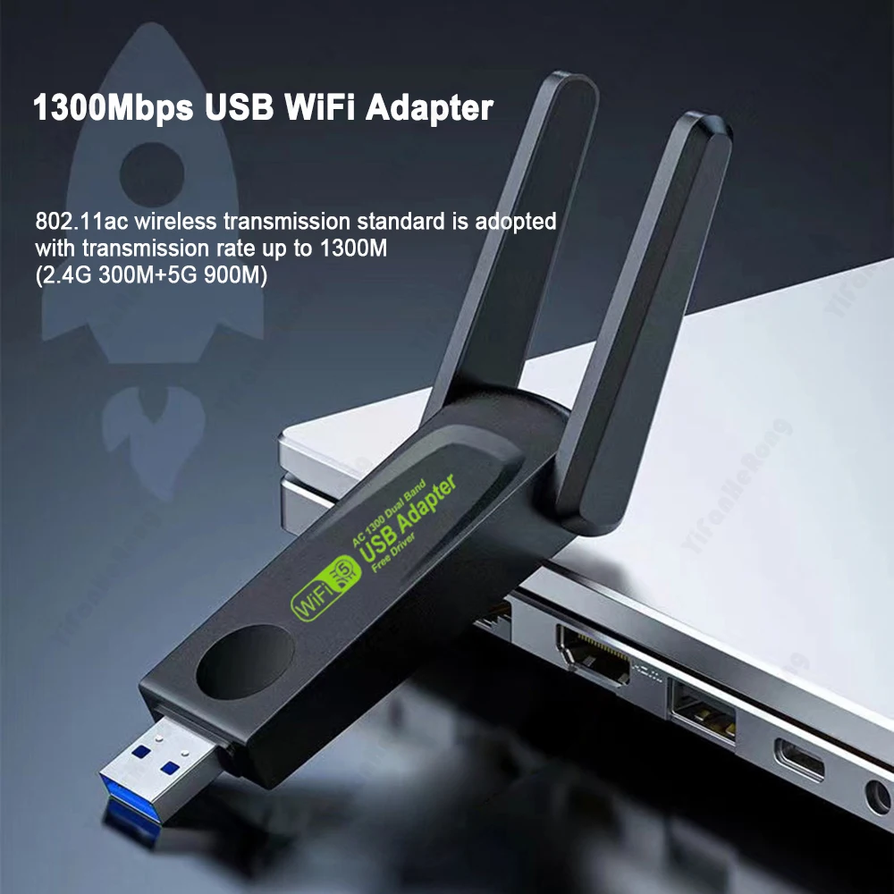 Placa de rede sem fio Dongle WiFi, adaptador USB 3.0, banda dupla 2.4G, 5GHz, 1300Mbps, 802.11AX, RTL7612, PC, Win 10, 11