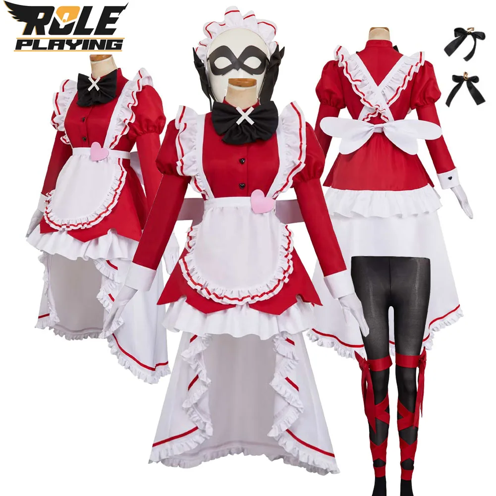 

Carmilla Carmine Cosplay Costume Women Red Maid Dress Headwear Stockings Set Anime Hazzbin Hotel Halloween Carnival Party Suit