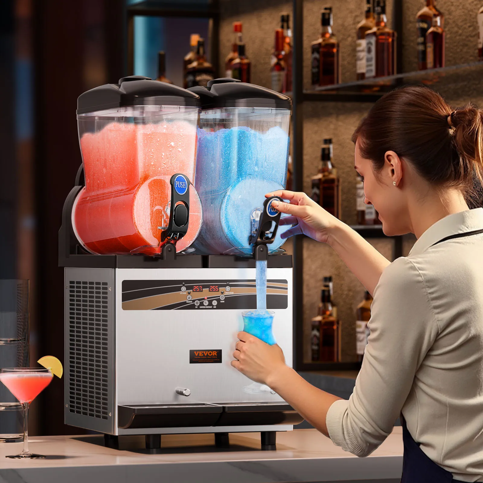 Succebuy 1000W Commercial Slushy Machine 15Lx2 Tank Margarita Maker Stainless Steel Smoothie Frozen Drink Maker for Supermarkets