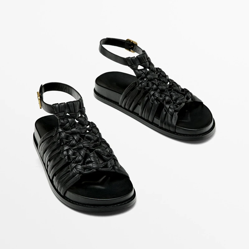 

New Genuine Leather Braided Roman Sandals Summer Hollow Open Toe Thick Sole Buckle Black Beach Vacation Fashion Ladies Sandals