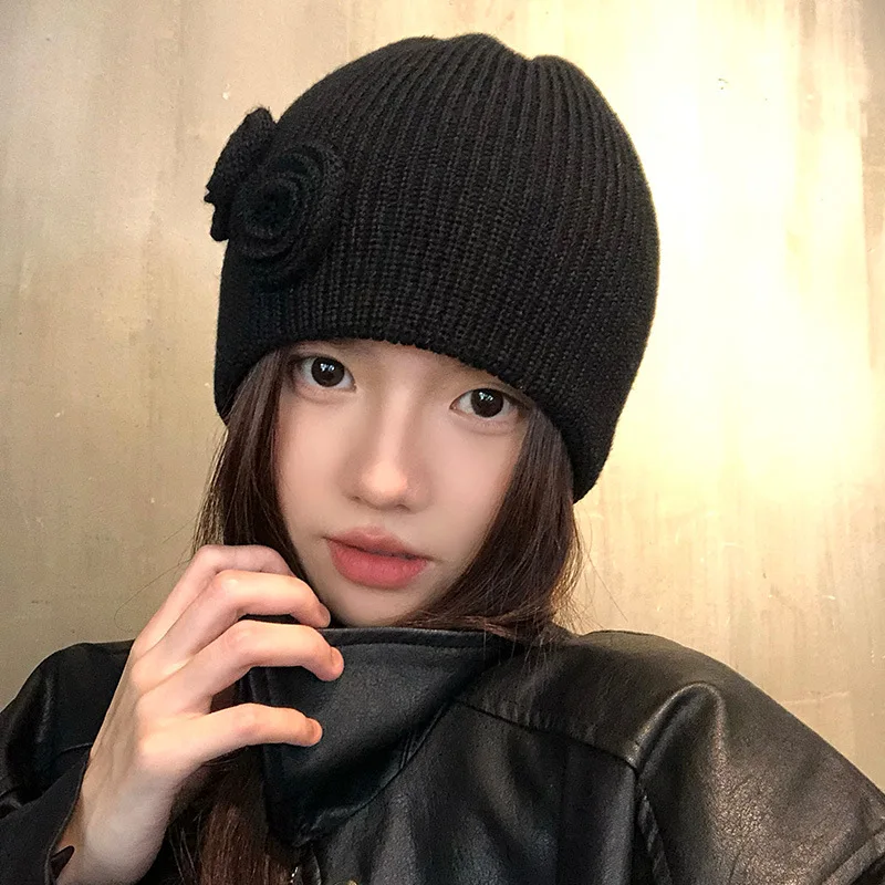 

Cozy Crochet Beanie with Floral Embroidery, Warm Knitted Winter Hat with Ear Covers,Cute Slouchy Boho Girl Hat