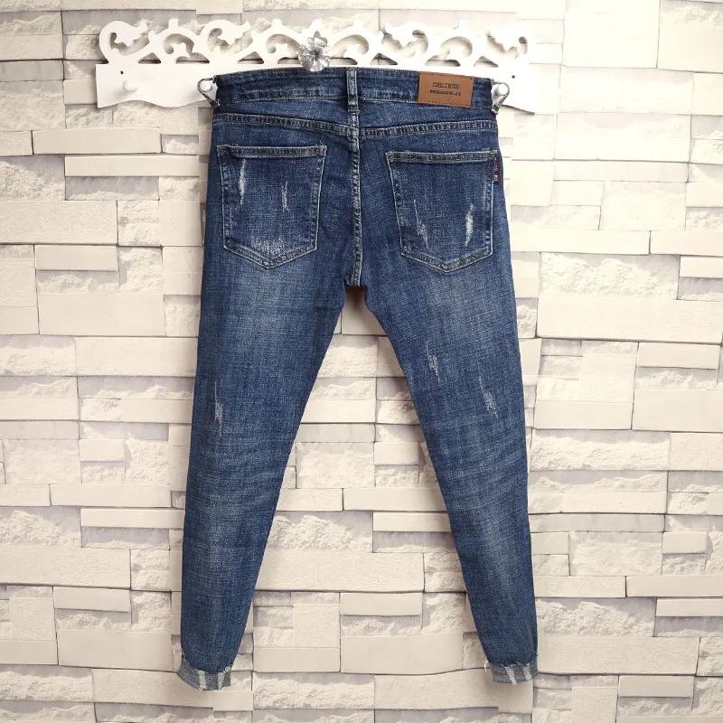 Fashionable  Mustache Distressed Jeans Men's Youth Korean Style Slim Fit Tear 9 Split Knee Patch Slim Pants