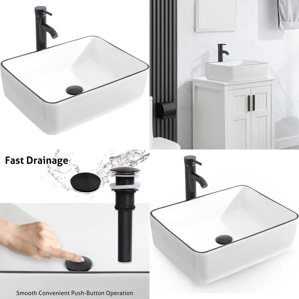 Classic White Porcelain Sink with Black Decor Line and ORB Drain Combo for Bathroom Countertop