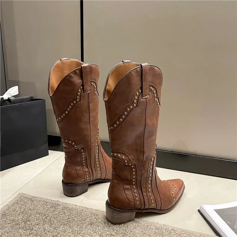 Retro Rivet Long Boots Women Low Heel Cowboy Chelsea Western Pu Leather Knee High Gothic New Ladies Shoes Vintage Brown Botas