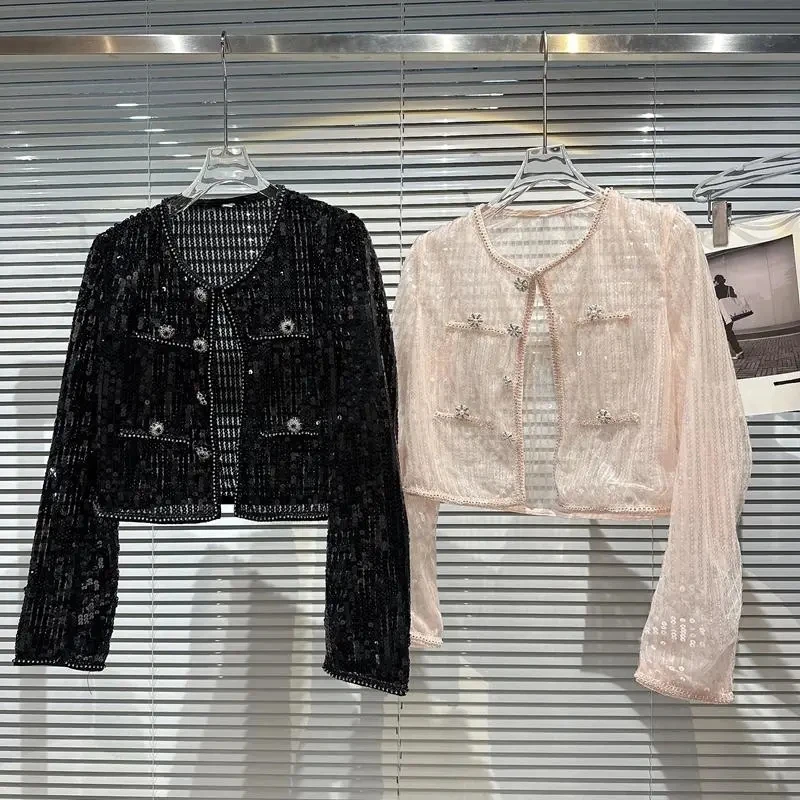 2024 Spring Summer New Sequin Shoulder Pad Sun Screen Short Coat Women White Black Pink Jacket