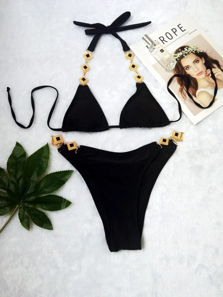 

Sexy bikini swimsuit, sleeveless women's two-piece metallic tight-fitting crystal backless swimwear