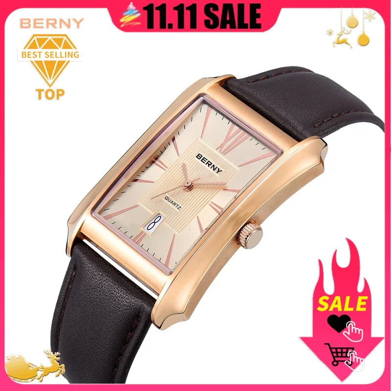 BERNY Men Rectangle Quartz Watch Top Brand Genuine Leather Strap Buckle Waterproof 30M Business Fashion Clock Wristwatch for Men