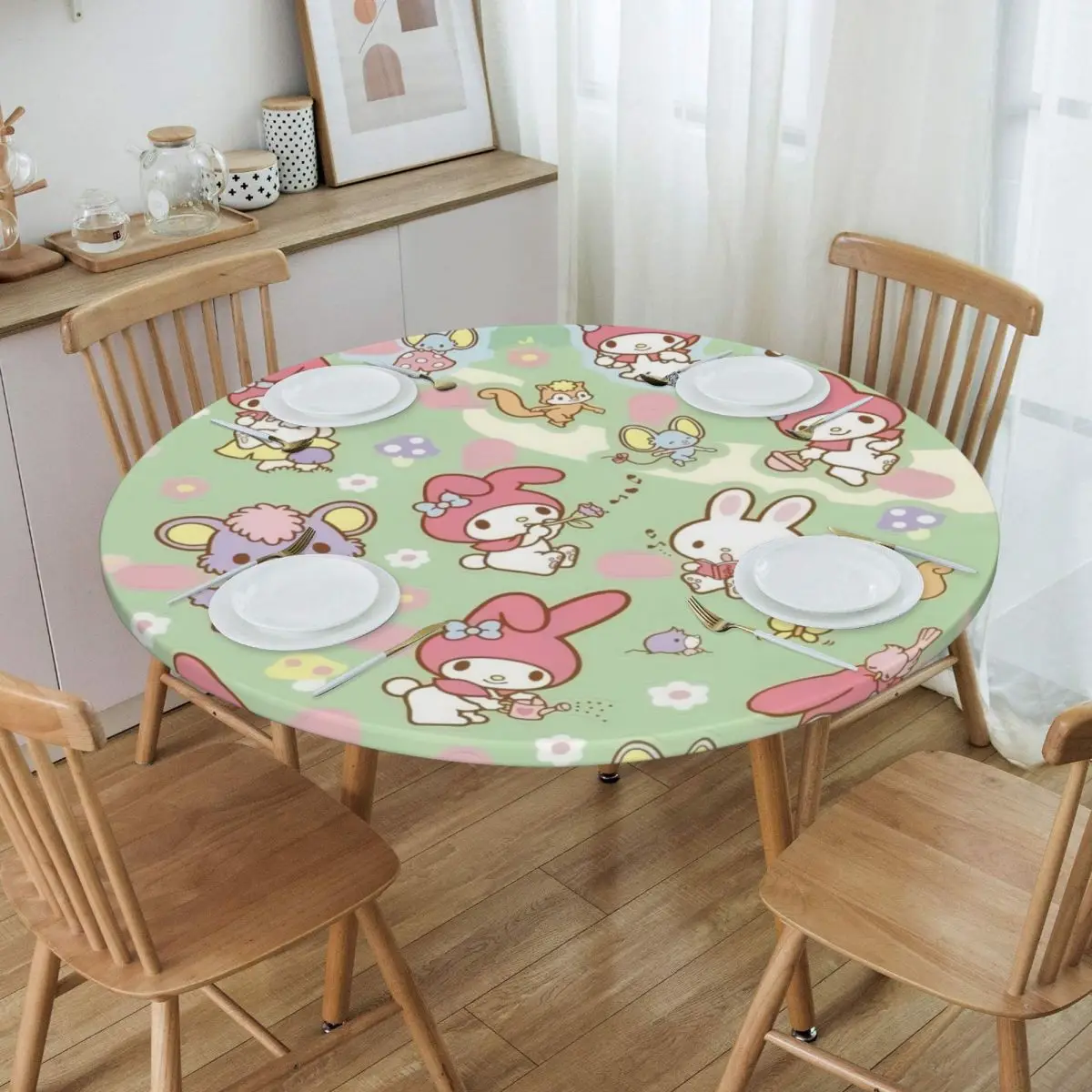 Customized Round Oilproof Cartoon My Melody Sanrio Japan Anime Table Cover Fitted Table Cloth Backing Edge Tablecloth for Picnic