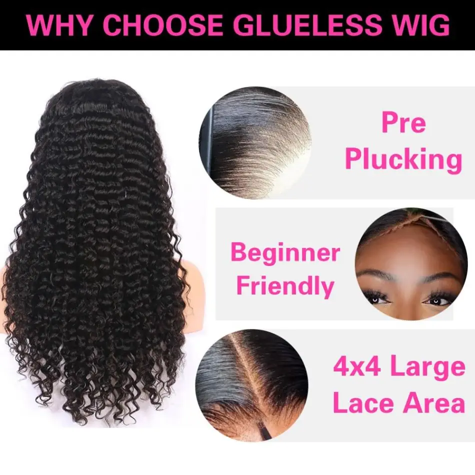 250 Density Curly Human Hair Glueless Wig Human Hair Ready To Wear Pre Cut 4X4 Lace Closure Wigs for Women Human Hair Wigs