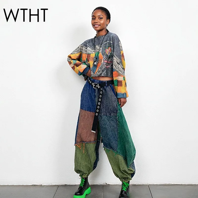 

WTHT винтажные женские лоскутные футболки контрастного цвета с круглым вырезом, модные свободные джинсы с эластичной резинкой и высокой талией, женские осень 2021, 1LS2382