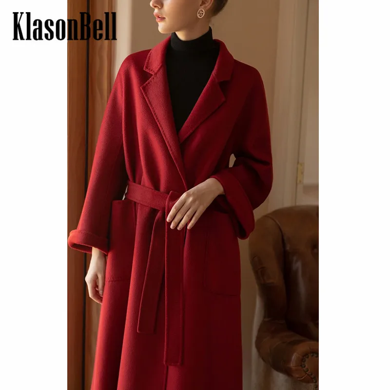 

10.16 KlasonBell-Women's Mid Bathrobe Wool Blend Outerwear Classic Temperament With Belt Slim Double-Sided Woolen Coat