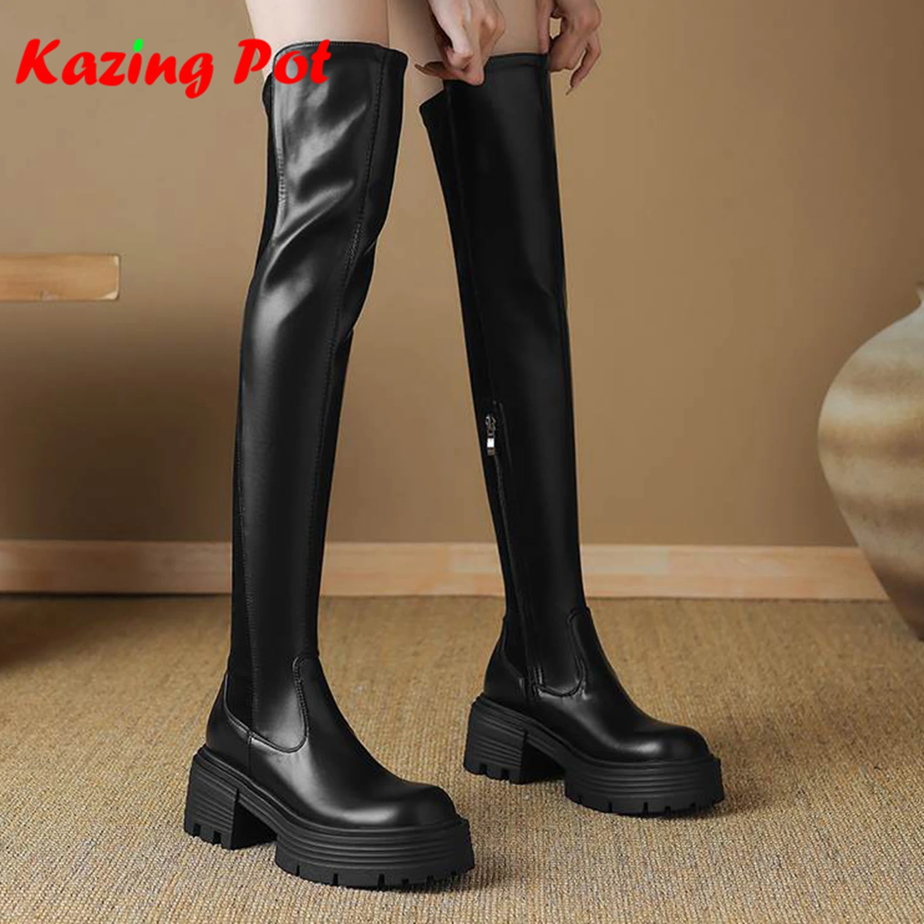 

Krazing Pot Microfiber Chunky High Heels Round Toe Stretch Long Boots Zipper Elegant Modern Platform Black Over-the-knee Boots