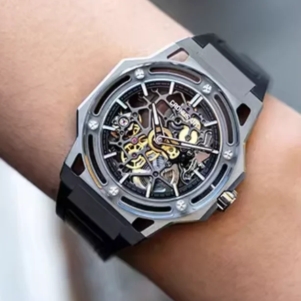 CRONUSART Men Automatic Watch 42mm Mechanical Wristwatch Titanium Case Luminous Skeleton Waterproof Sapphire Mirror FKM Strap