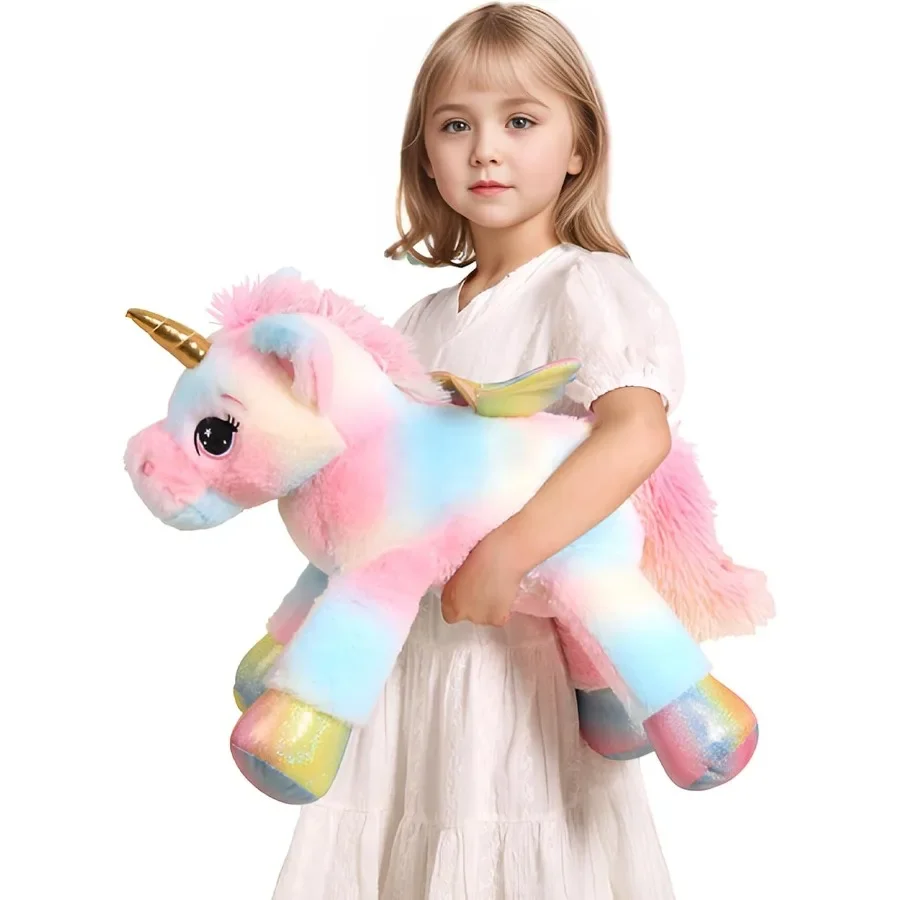 

24 Inch Color Big Unicorn Stuffed Animal Plush Toy Pillow Cute Soft Giant Unicorn with Rainbow Wings Large Doll Gift for Girl B
