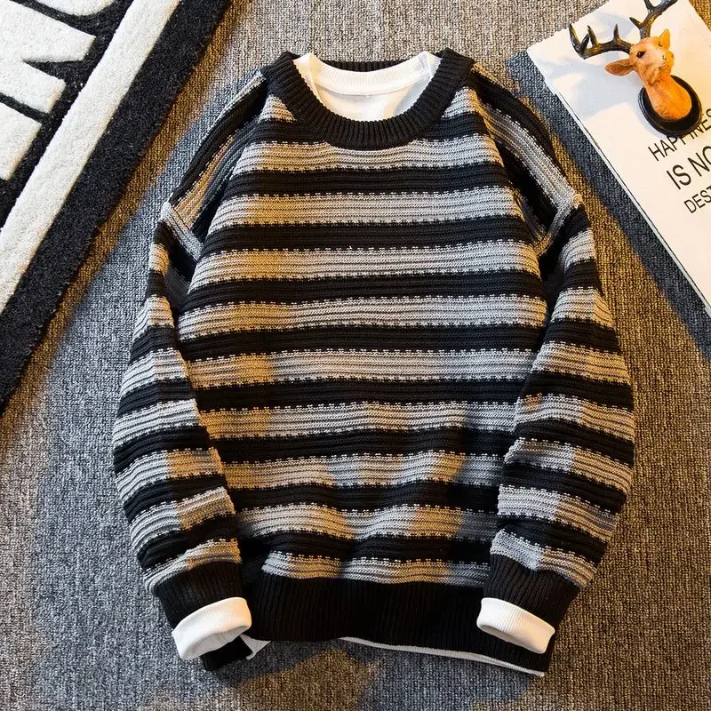 Men and Women Couple Dress Lazy Style Retro Stripe Round Neck Sweater Handsome Trendy Brand Advanced Sense BF Style Knitwear Y2k