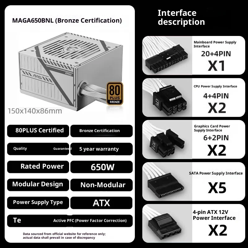 MSI MAG A650BNL أبيض 80PLUS مزود طاقة برونزي |   الكابلات المسطحة، الكفاءة العالية، التشغيل الصامت