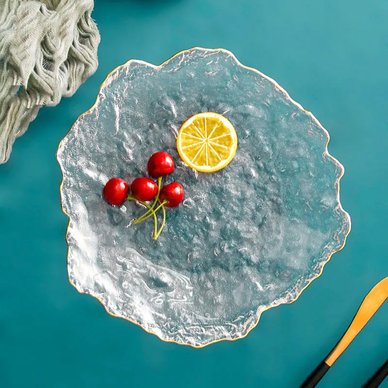 Japanese-style irregular hammer-eye pattern gold-rimmed glass plate creative ice dew plate fruit salad sushi tableware meal plat