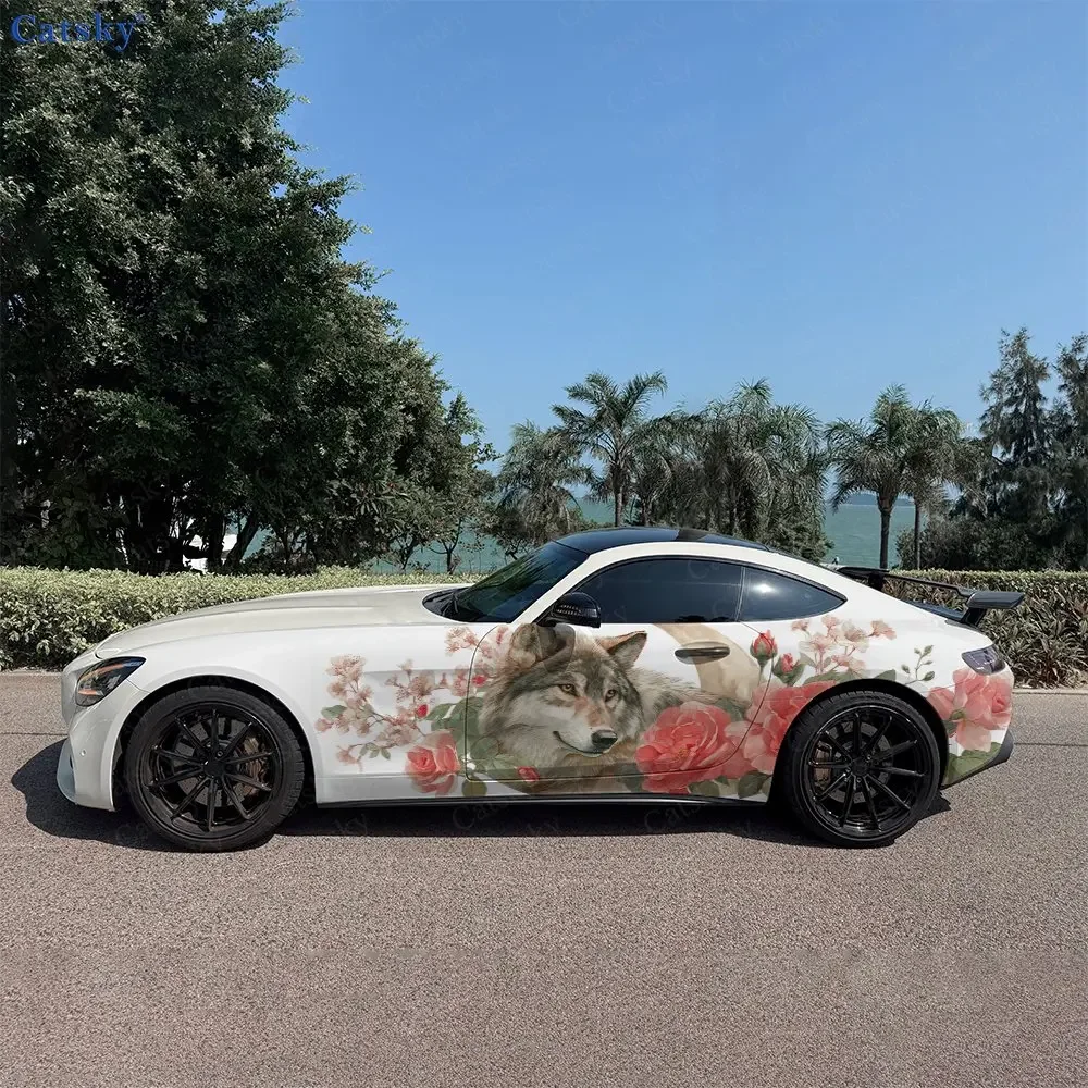 2pcs Rose Bright Moon Lone Wolf Car Side Wraps, Self-Adhesive PVC Waterproof & Scratch-Resistant Stickers, Car Accessory Gift