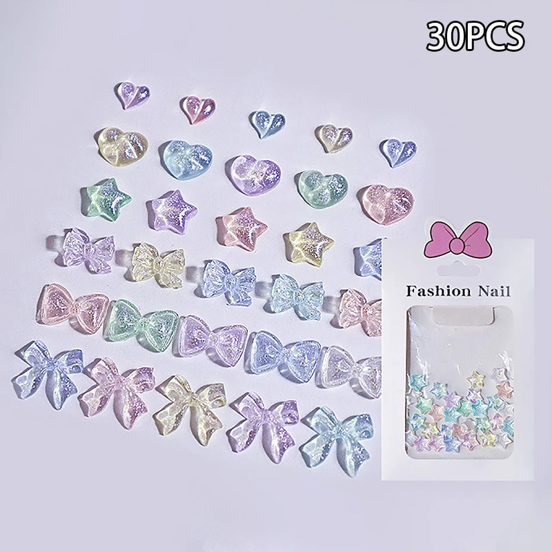 30pcs Polarized Starry Sky Love Nail Accessories Aurora Bow Star Flat Bottomed Resin Diamond Ice Penetrating Nail Accessories