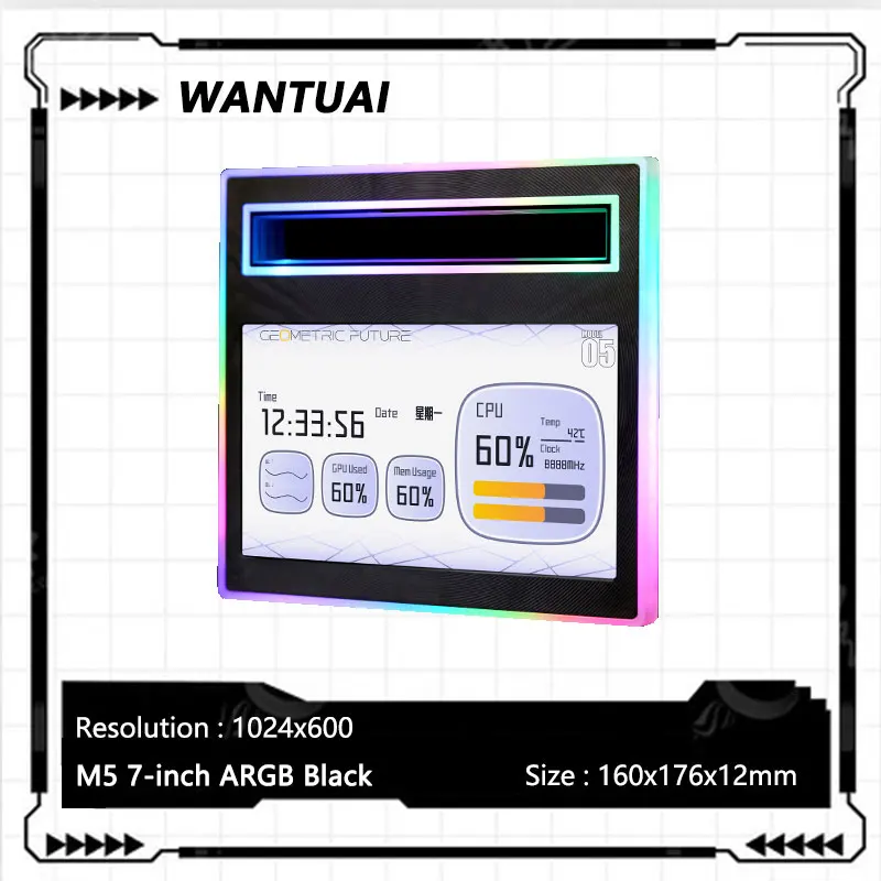 

WANTUAI M5 ARGB Computer Smart Display Screen,7-inch/Magnetic design/CD textured panel/1024x600 resolution/USB communication