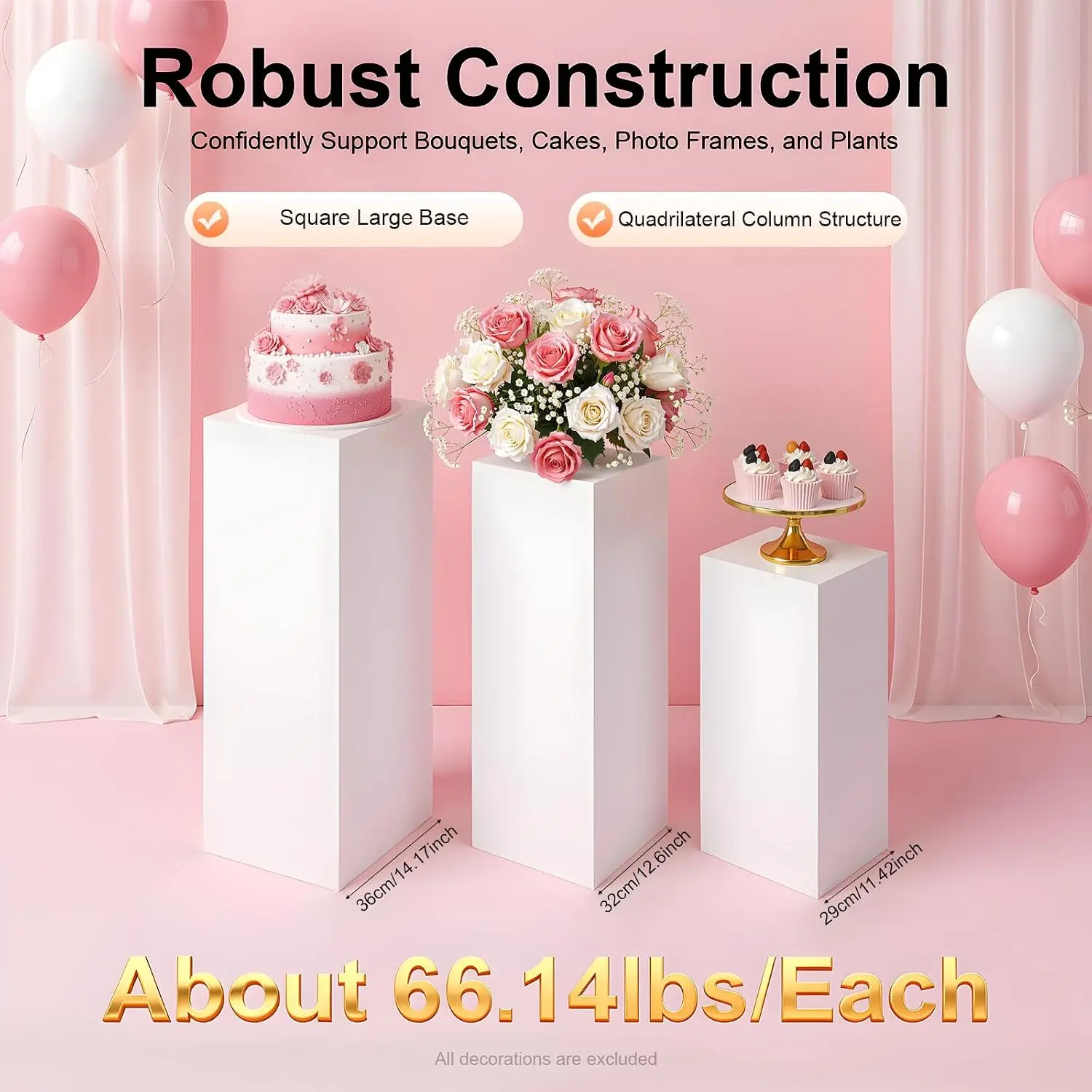 Metal Display Pedestal Stands Set, 6 Pcs Cuboid Pillar Stands in 3 Sizes (23.6/25.6/31.5 Inch), Freestanding Cake Dessert Centerpiece Pedestals for Wedding Birthday Party, White, 3