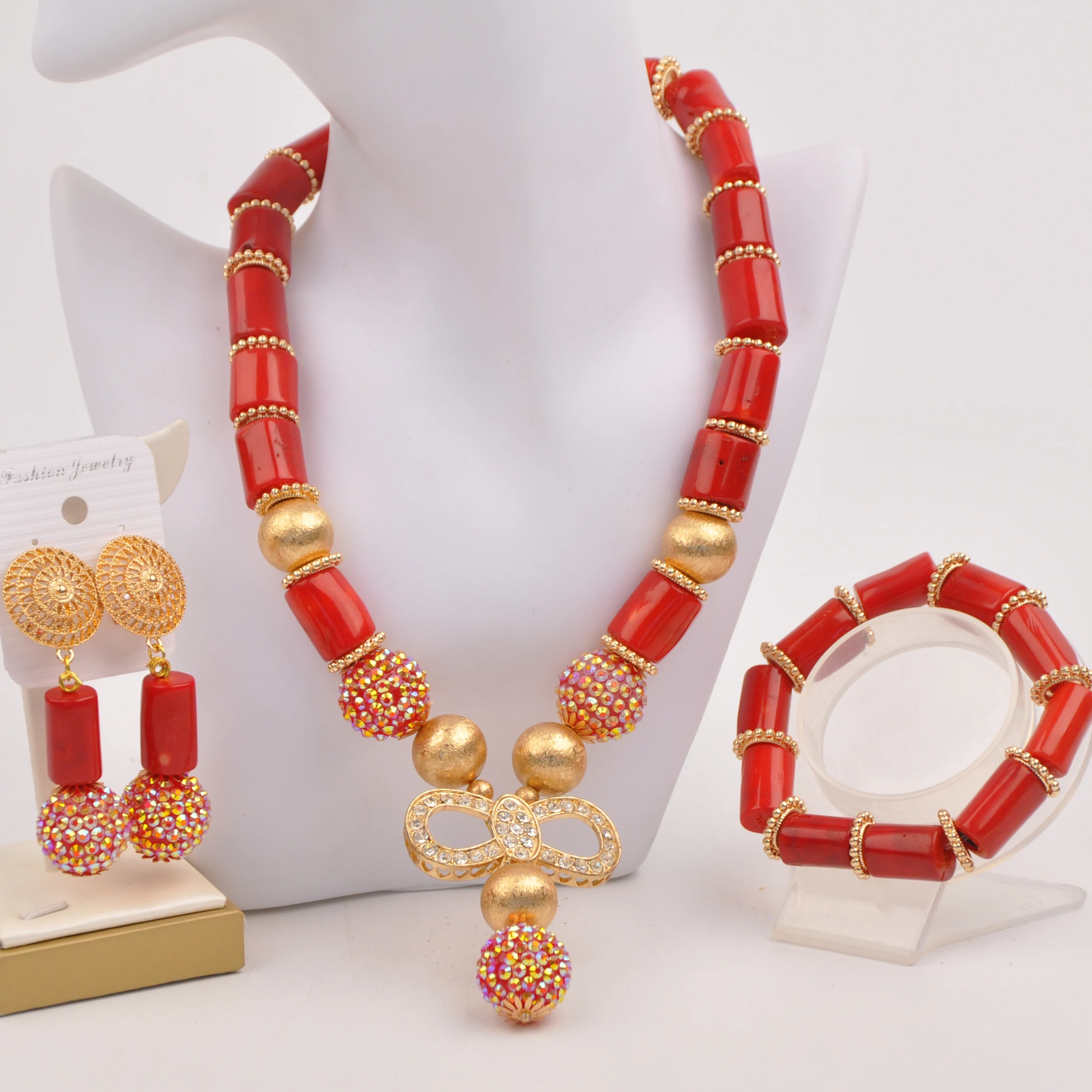 

African bride wedding jewelry fashion red coral necklaces Nigerian feast dress accessories set SHXY-04