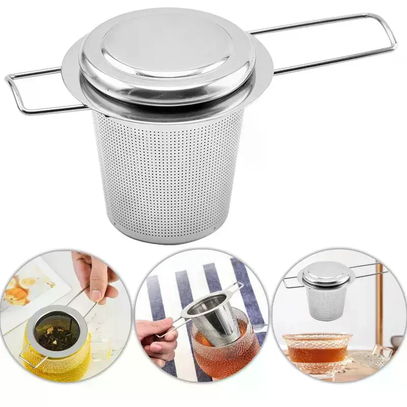 Infusor de té de malla de acero inoxidable con tapa, colador de taza reutilizable, filtro de especias de hojas sueltas para teteras, tazas, taza para emparejar té y café