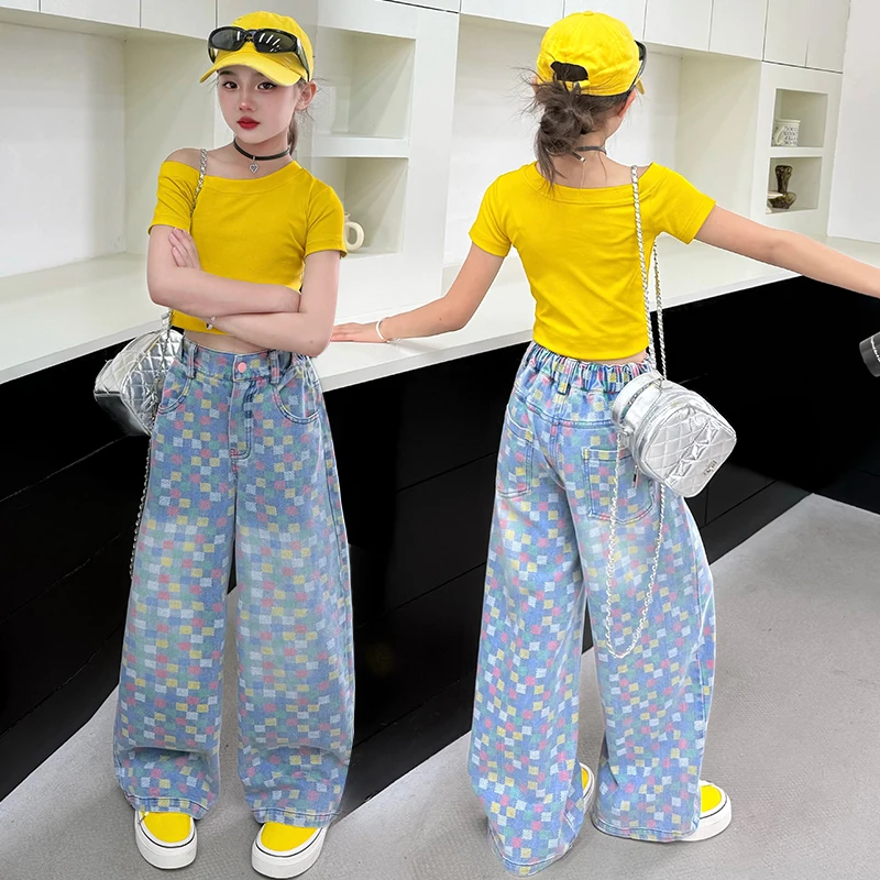 4-6-13-14 teen girls jeans Checkerboard wide leg pants cotton yellow top t-shirt junior kid clothes pants child outfits trousers