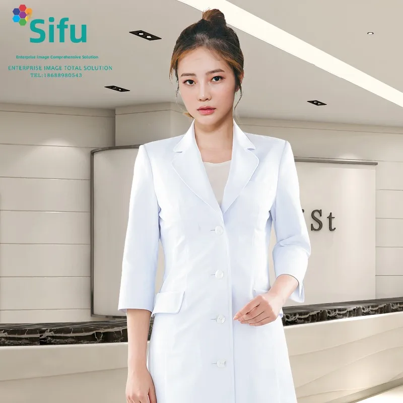 

Korean Style Mid-Length Lab Coat for Skin Care Professionals Dentist Plastic Surgeon Workwear Embroidered Jacket