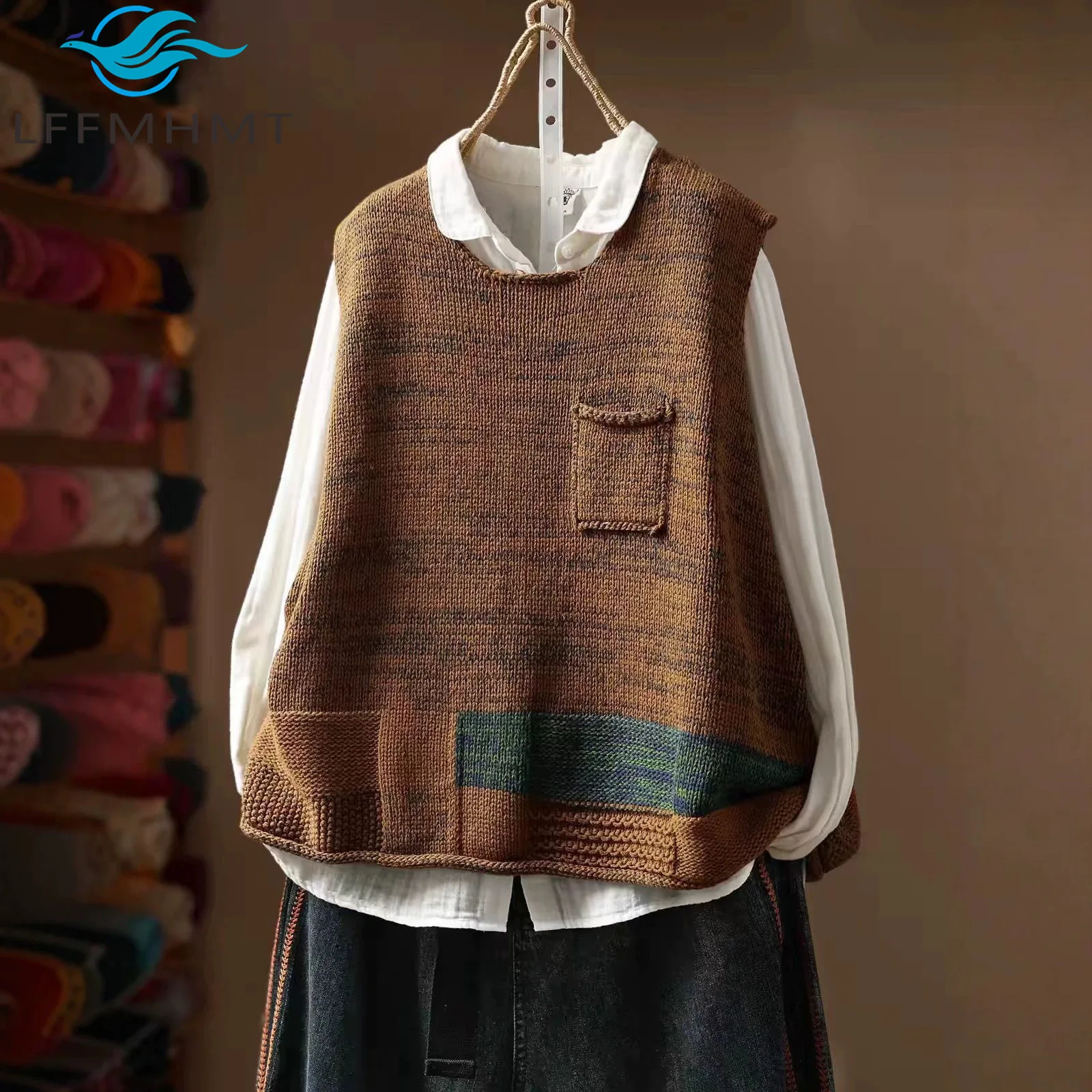 Women Autumn Winter Speckle Cotton Yarn Sleeveless Vest Loose Color Block Roll Edge Waistcoat Layering Casual Top