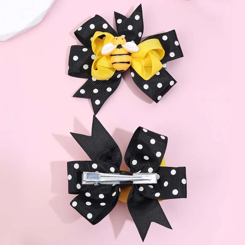 ncmama 2Pcs Cute Bee Bow Hairpin for Baby Girl Lovely Dot Print Bowknote Hairclip Kids Barrettes Headwear Korea Hair Accessories