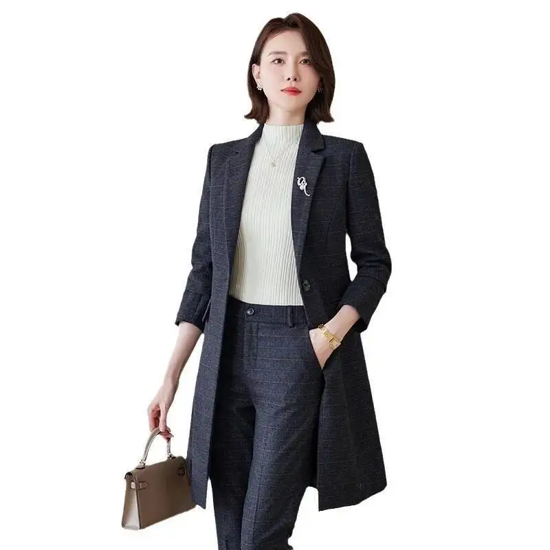 High Quality Fabric Autumn Winter Middle Long Windbreaker Professional Office Work Wear Career Interview Blazers Outfits Set