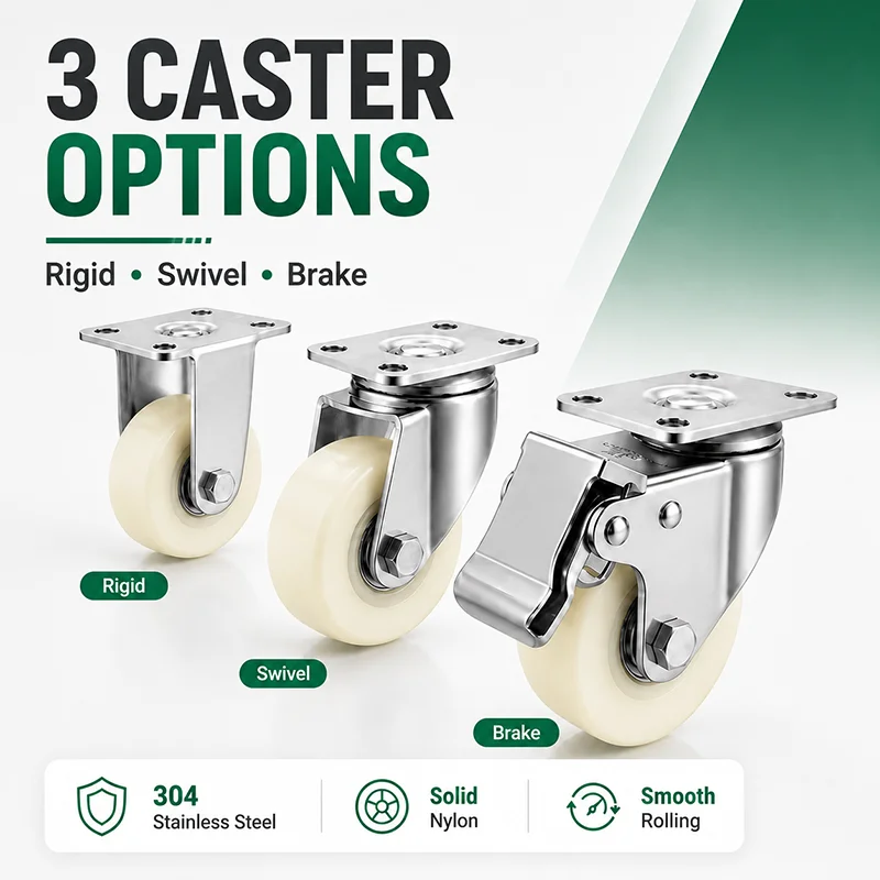 Heavy Duty 304 Stainless Steel Nylon Caster Wheels 4 5 Inch Plate Swivel Brake Rigid Castors for Trolley Cart Furniture
