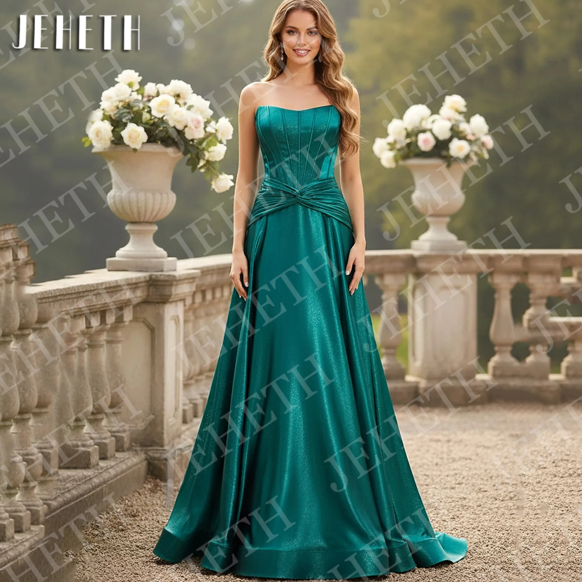 JEHETH Prom Dresses Strapless Green Long Formal Satin A Line Red Carpet Party Dress Sleeveless Customized Vestido De Fiesta 2026