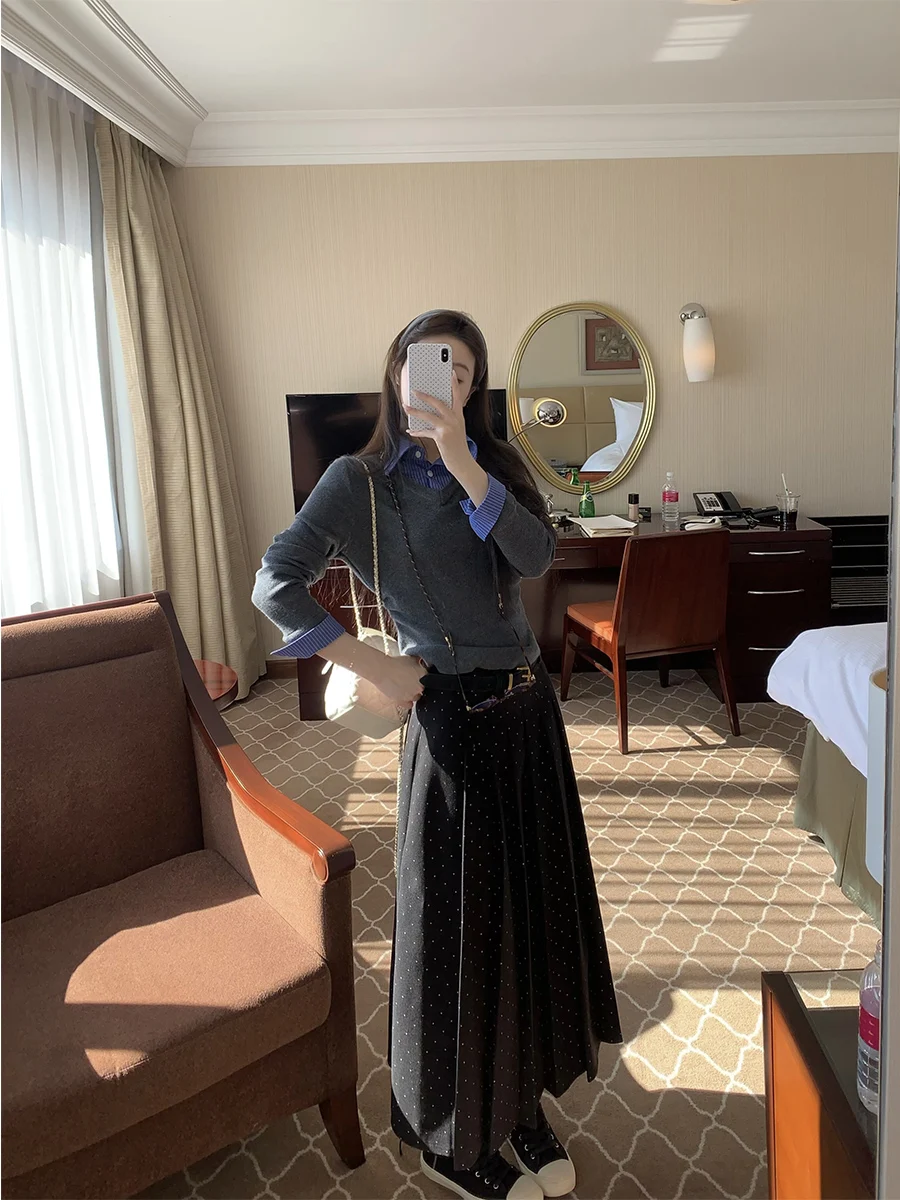 

Винтажная юбка А-силуэта с завышенной талией в горошек, корейский стиль, для повседневной носки, средней длины, из полиэфирного волокна, 100%, весенняя коллекция