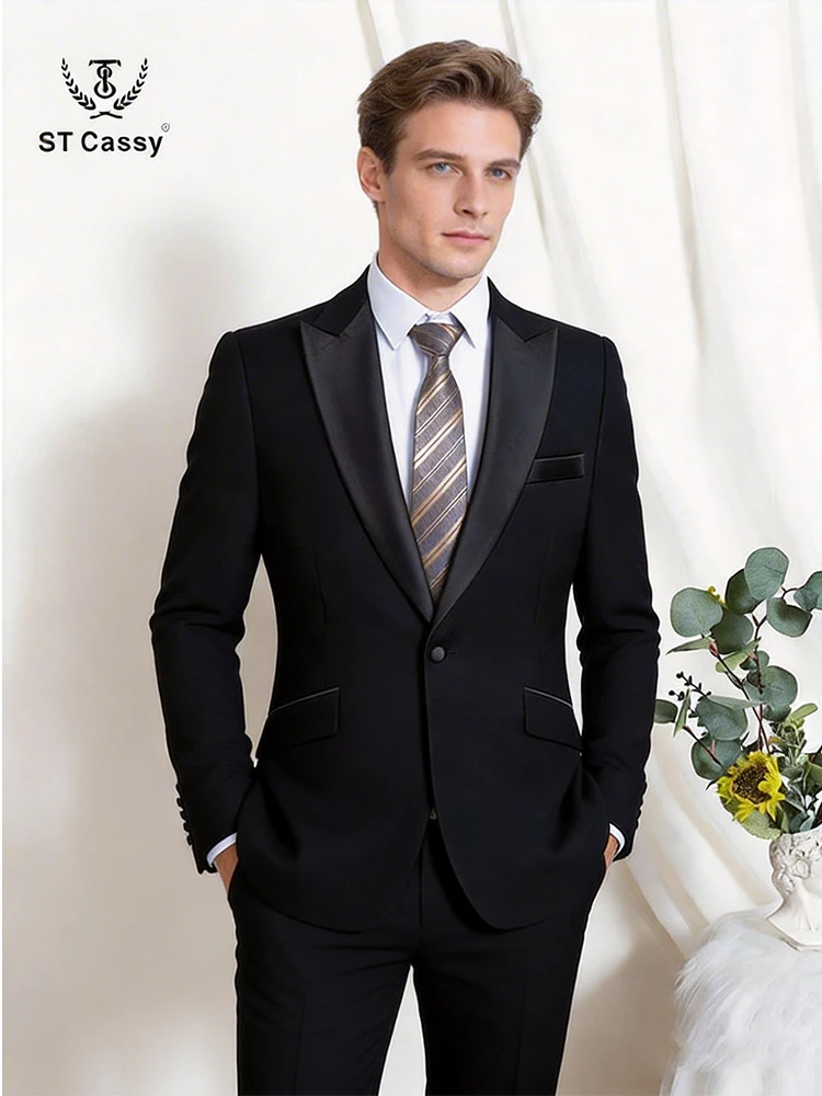 Immagine 3: Abito da Uomo 2 Pezzi Nero Slim Fit, Set Abito Business Casual, Abito da Sposo per Matrimonio, Abito Formale per Banchetti, Smoking Nero da Ufficio e Festa