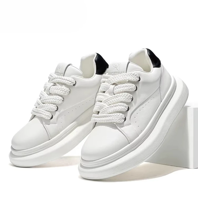 Casual Sneakers Comfortable Versatile Board Shoes for Men's Genuine Leather Thick Sole Height Increasing Shoes White Sports Shoe