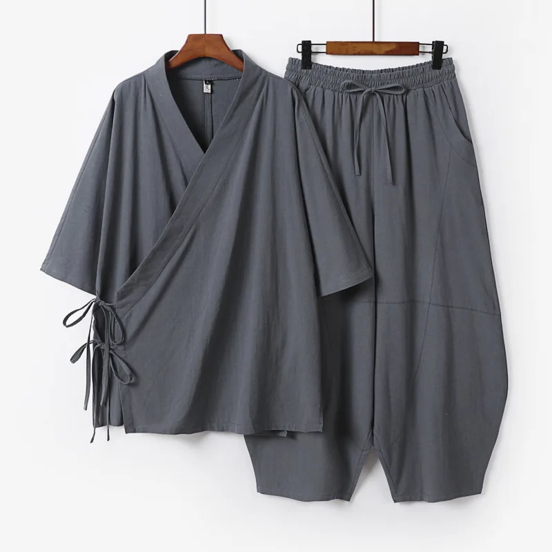 Plus Größe 3XL-9XL Männer Japanische Kimono Strickjacke Hosen Set Baumwolle Leinen Yukata Haori Samurai Kostüm Harajuku Lose Jacke Anzug
