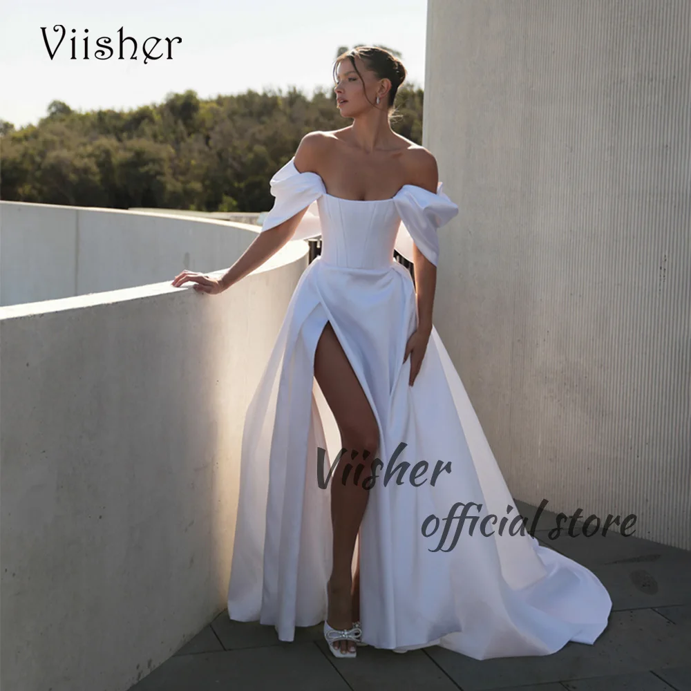 

Viisher White Satin Off Shoulder Wedding Dresses with Leg Split A Line Beach Bride Dress with Train Beach Civil Wedding Gowns