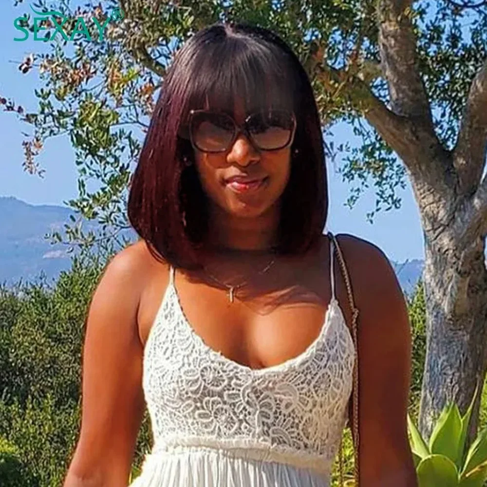 

Парики 1B 99J из искусственной кожи головы, парики из 180% бразильских человеческих волос плотностью, Короткие парики из двойного натяжения, Искусственные парики с бахромой для женщин